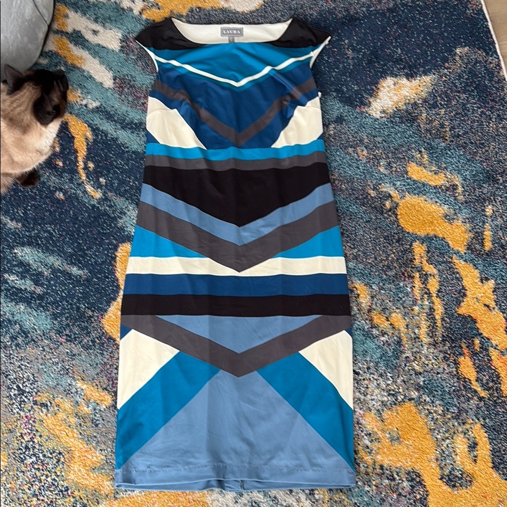 Blue Sheath Midi Dress Cap Sleeve Crew Neck